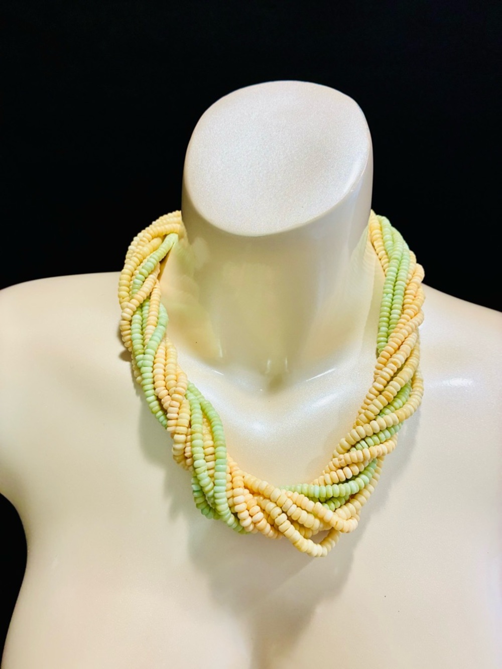 Pastel Yellow & Mint Beaded Multi-Strand Necklace Spring Summer Festival Chunky